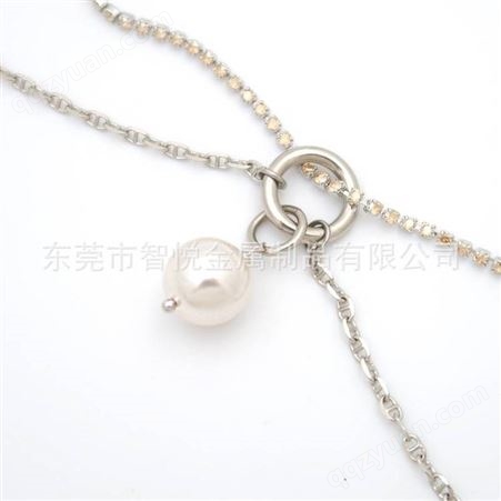 单颗淡水珍珠项链欧美小众流行混搭错位不对称黄铜镀银钻链首饰厂