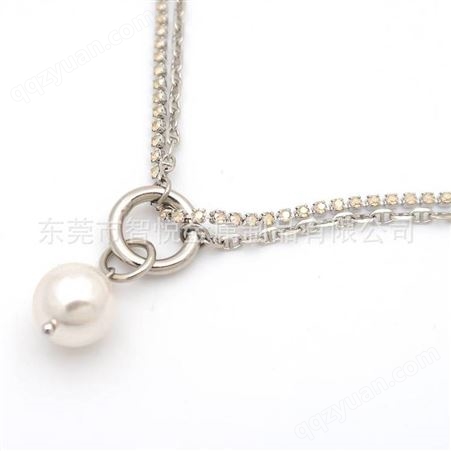 单颗淡水珍珠项链欧美小众流行混搭错位不对称黄铜镀银钻链首饰厂