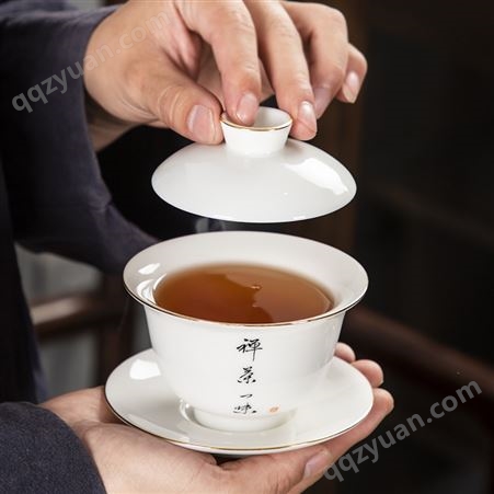 茶具厂羊脂玉手绘描金盖碗功夫茶具陶瓷茶碗三才碗敬茶碗一件代发